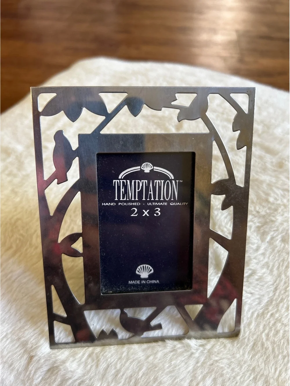 Temptation Hand Polished 2x3 Silver Picture Frame with Bird and Leaf Design